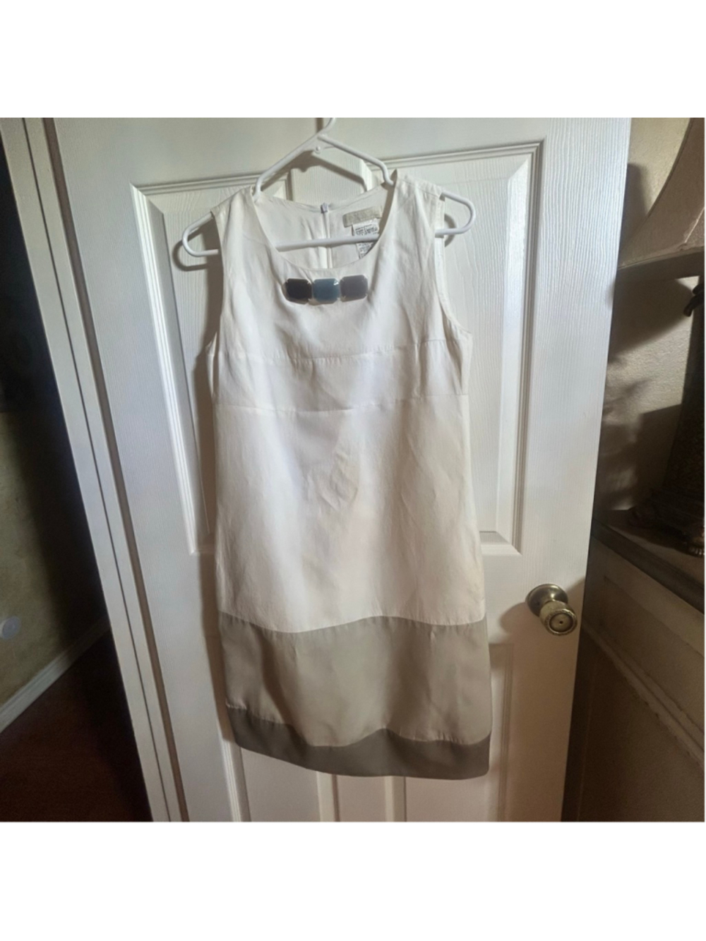 Max Mara Linen Cotton Dress Womens 8 Colorblock Shift Embellished Jewel Neck - Picture 2 of 9